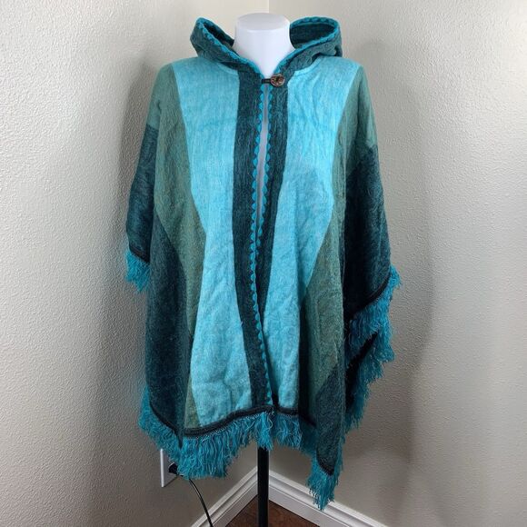 Alpaca Cotton Poncho Sweater Blue Stripe Button Hooded Sz OS Soft Cozy - Picture 2 of 10